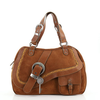 Christian Dior Gaucho Double Saddle Zip Shoulder Bag Suede with Leather Large
