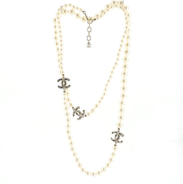 Chanel CC Long Necklace Faux Pearls and Crystal Embellished Metal
