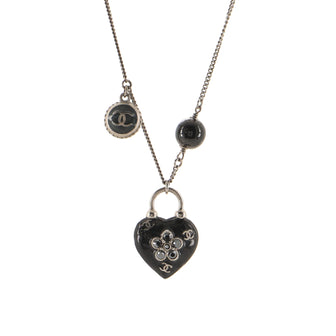 Chanel Flower Heart Lock Pendant Necklace Metal with Enamel and Rhinestones