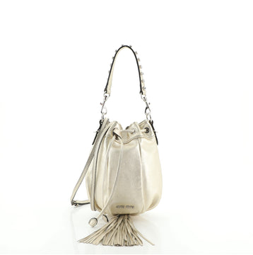Miu Miu Crystal Tassel Bucket Bag Metallic Leather Mini