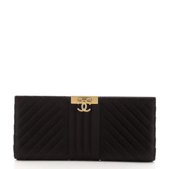 Chanel Chevron Pleated CC Flip Lock Clutch Satin