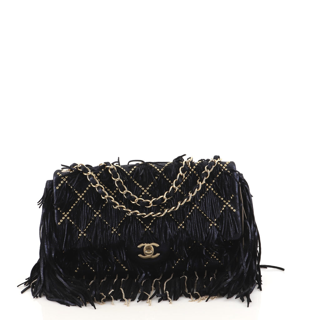 Chanel Paris-Dallas Fringe Flap Bag Studded Metallic Suede with Chain  Detail Medium Blue 7635347