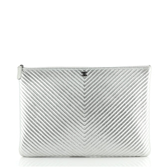 Chanel O Case Clutch Chevron Metallic Calfskin Large