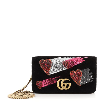 Gucci GG Marmont Heart Chain Flap Bag Sequin Embellished Matelasse Velvet Mini