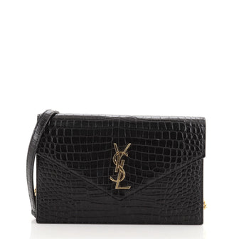 Saint Laurent Classic Monogram Wallet on Chain Crocodile Embossed Leather Small