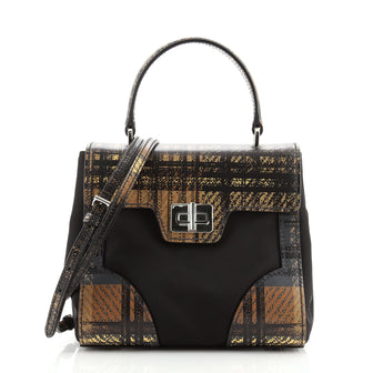 Prada Turn Lock Top Handle Bag Printed Saffiano Leather with Tessuto Small