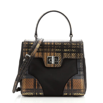 Prada Turn Lock Top Handle Bag Printed Saffiano Leather with Tessuto Small