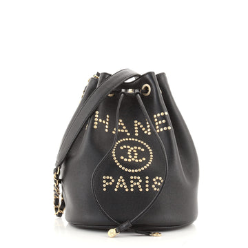 Chanel Deauville Drawstring Bucket Bag Studded Caviar Medium