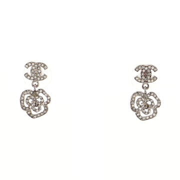 Chanel CC Camellia Dangle Earrings Crystal Embellished Metal