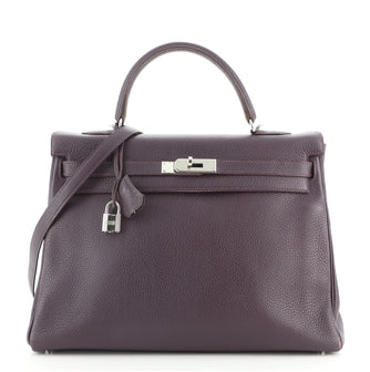 Hermes Kelly Handbag Purple Clemence with Palladium Hardware 35