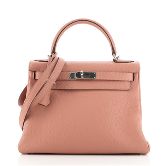 Hermes Kelly Handbag Pink Clemence with Palladium Hardware 28