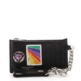 Saint Laurent Fragment Zip Card Holder Patch Embellished Leather