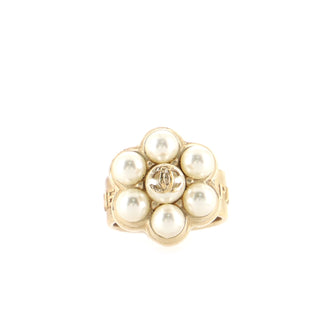 Chanel CC Flower Motif Ring Metal with Faux Pearls