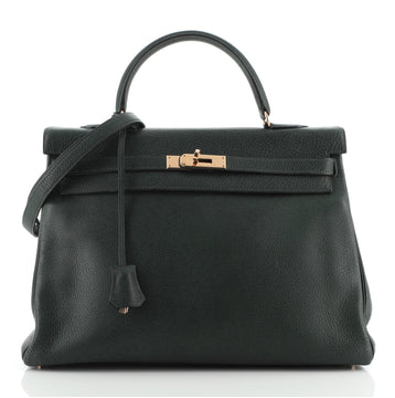 Hermes Kelly Handbag Green Clemence with Gold Hardware 35