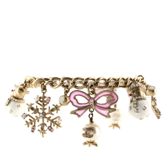 Chanel Snowflake and Snowman Charm Bracelet Crystal Embellished Metal with Faux Pearls