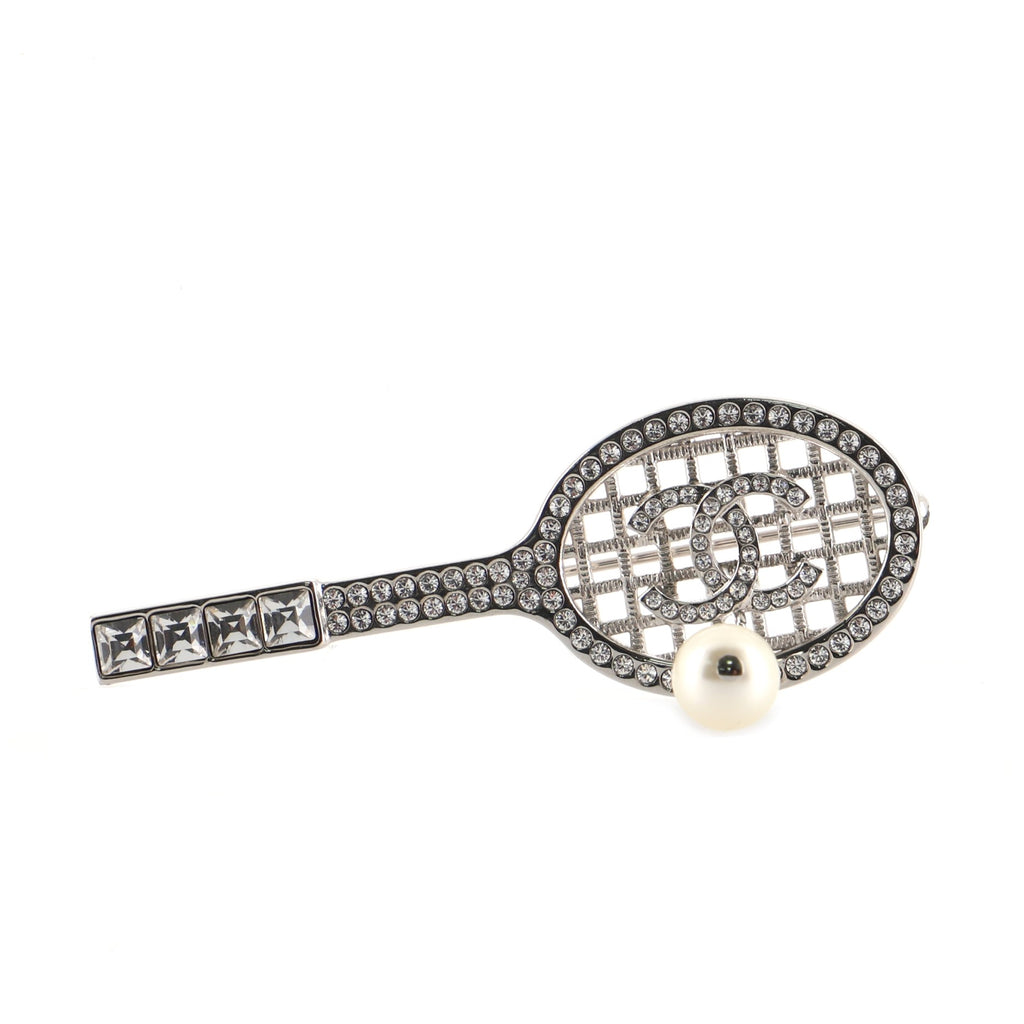 Chanel Tennis Racket Brooch Crystal Embellished Metal with Faux Pearls  Silver 7705539