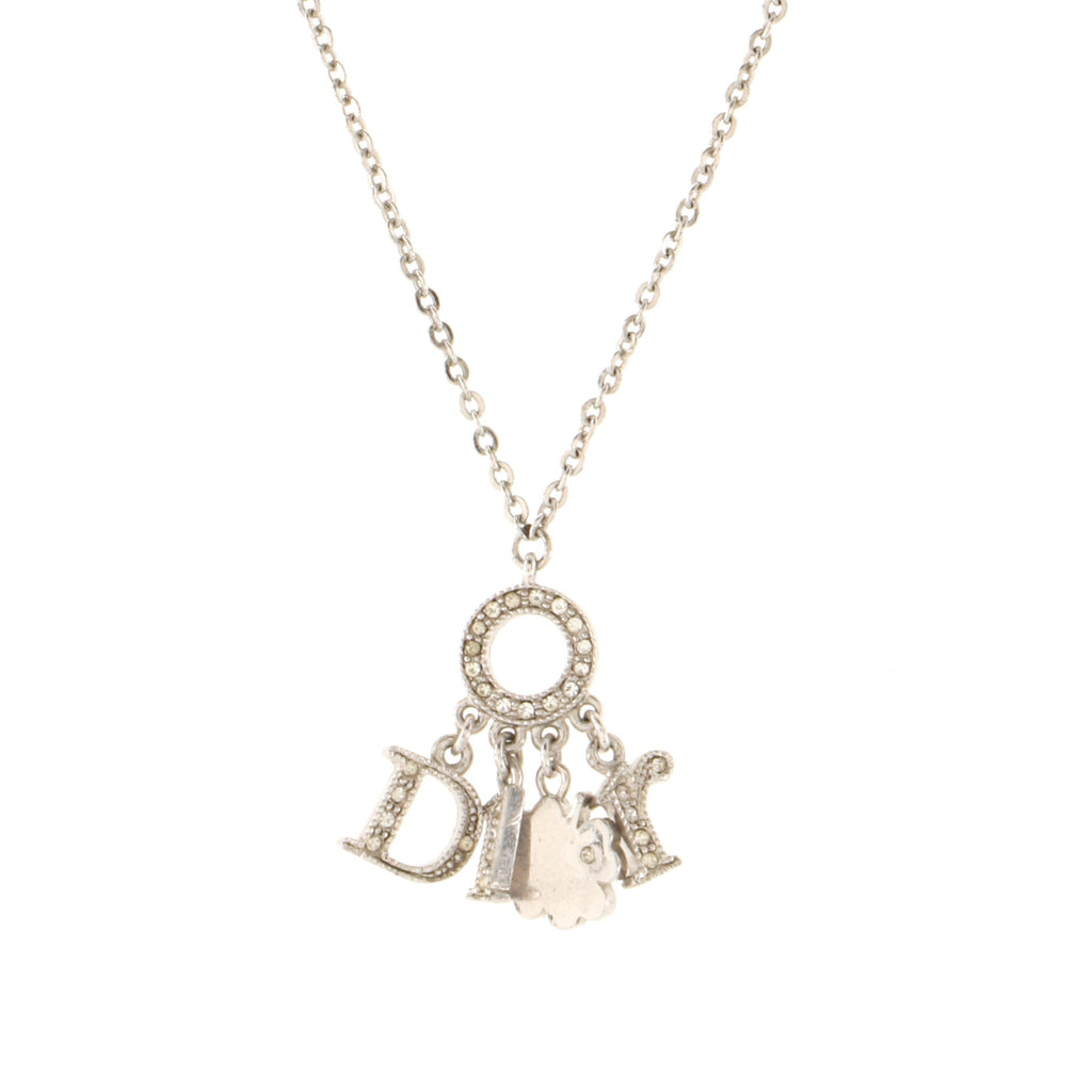 Christian Dior Dangling Clover Pendant Necklace Metal and Crystals Silver  7705573