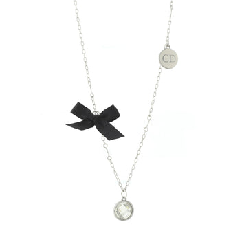 Christian Dior Logo Bow Charm Chain Necklace Metal with Beads, Crystal and Faux Pearl