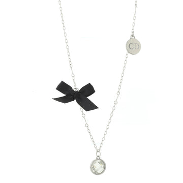 Christian Dior Logo Bow Charm Chain Necklace Metal with Beads, Crystal and Faux Pearl