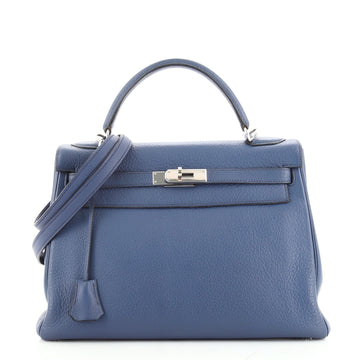 Hermes Kelly Handbag Blue Clemence with Palladium Hardware 32