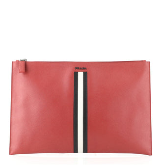 Prada Zip Pouch Stripe Saffiano Leather Large