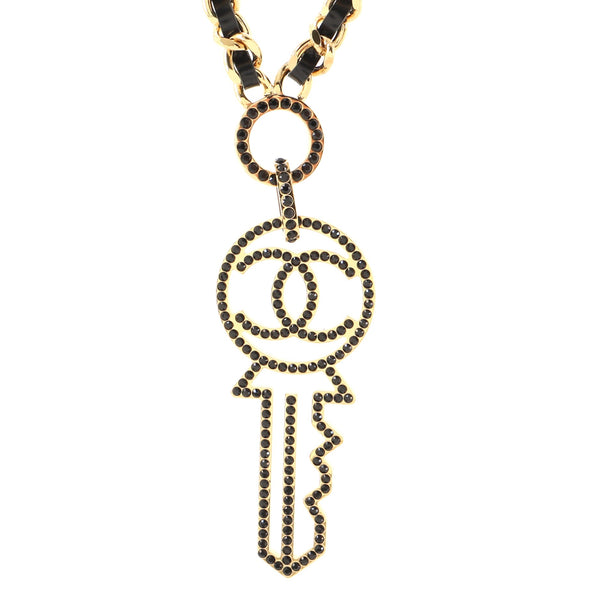 Key Pendant Necklace Crystal Embellished Metal with Leather