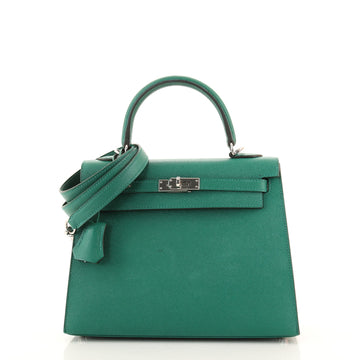 Hermes Kelly Handbag Green Epsom with Palladium Hardware 25