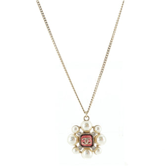 Chanel CC Cross Pendant Necklace Metal with Faux Pearls and Crystal