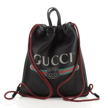 Gucci Logo Drawstring Backpack Printed Leather Medium