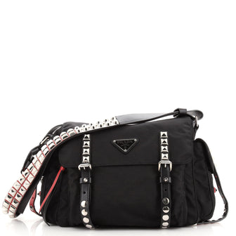 Prada New Vela Flap Messenger Bag Tessuto with Studded Leather Medium