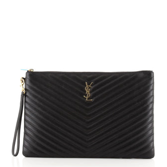 Saint Laurent Classic Monogram Wristlet Pouch Matelasse Chevron Leather Large