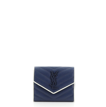 Saint Laurent Bicolor Classic Monogram Trifold Wallet Matelasse Chevron Leather Compact