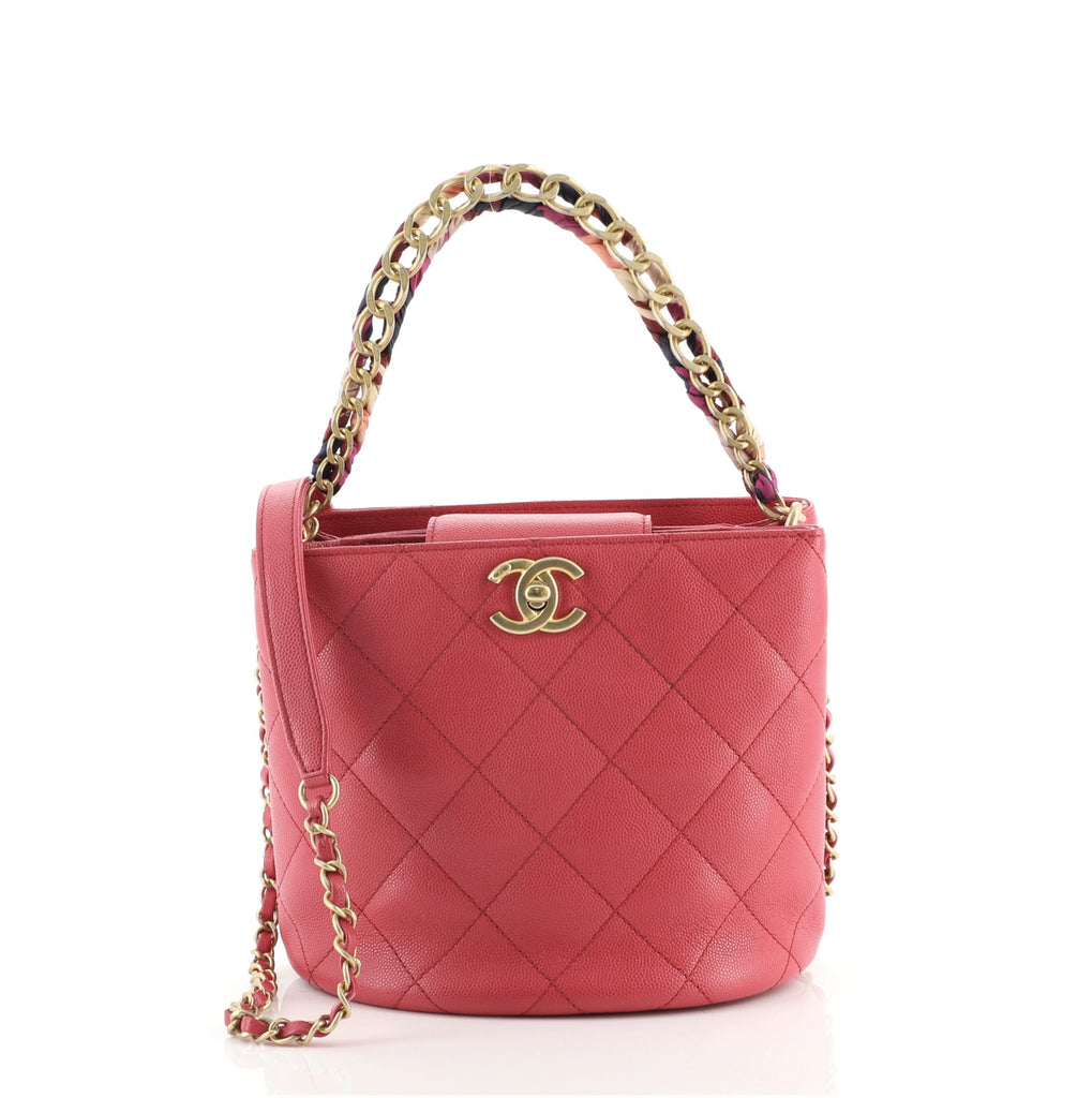 Chanel CC Chain Scarf Handle Bucket Bag Quilted Caviar with Silk Mini Pink  7734657