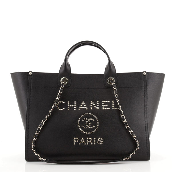Chanel Medium Deauville Black caviar leather studded tote bag