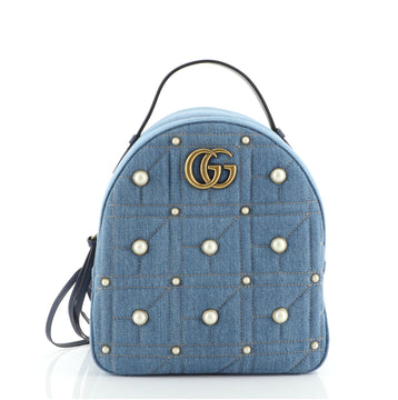 Gucci Pearly GG Marmont Backpack Embellished Matelasse Denim Small