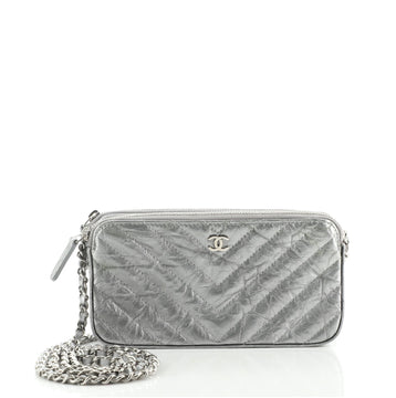 Chanel Double Zip Clutch with Chain Chevron Crumpled Metallic Calfskin