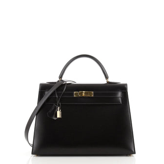 Hermes Kelly Handbag Black Box Calf with Gold Hardware 32