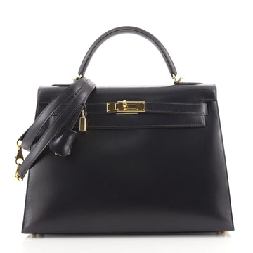 Hermes Kelly Handbag Blue Box Calf with Gold Hardware 32