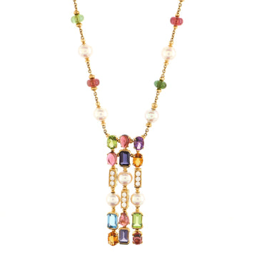 Bvlgari Allegra Triple Row Pendant Necklace 18K Yellow Gold with Gemstones, Pearls, and Pave Diamonds