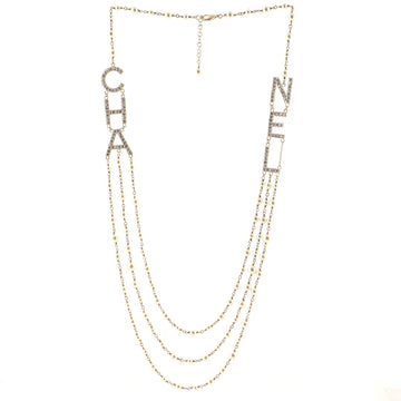 Chanel CHA-NEL Logo Triple Strand Necklace Crystal Embellished Metal and Faux Pearls