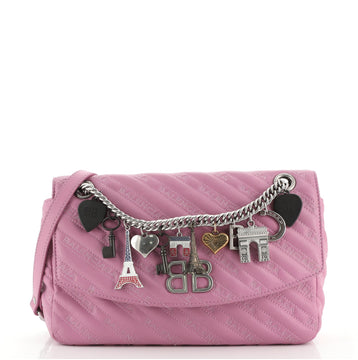 Balenciaga BB Souvenir Chain Round Shoulder Bag Quilted Embroidered Leather Medium