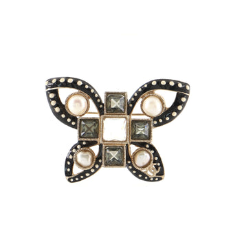 Butterfly Brooch Metal and Enamel with Faux Pearls and Crystal