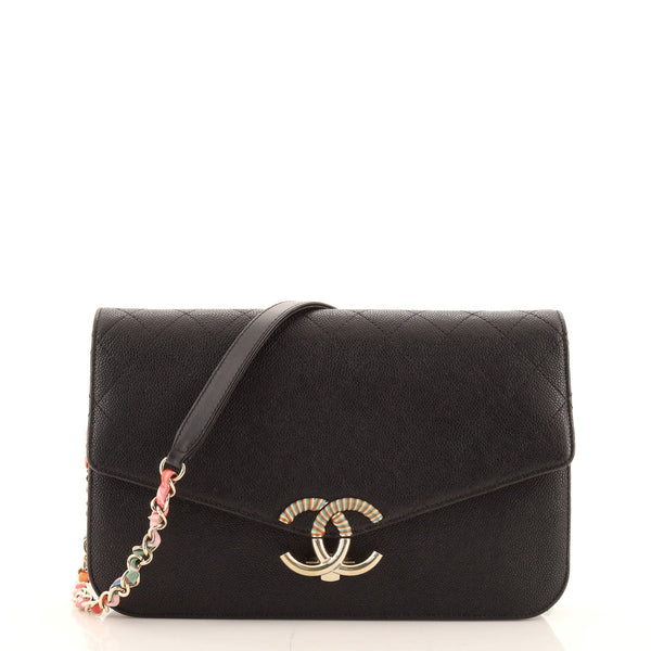 Chanel Thread Around Chain Flap Bag Quilted Caviar Medium Black 784464