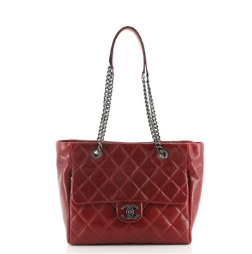 Chanel Duo Color Front Flap Shopping Tote Quilted Glazed Calfskin Small