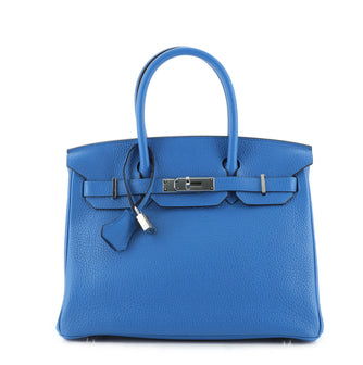 Hermes Birkin Handbag Blue Clemence with Palladium Hardware 30