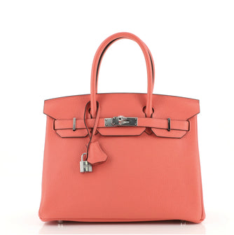 Hermes Birkin Handbag Red Clemence with Palladium Hardware 30