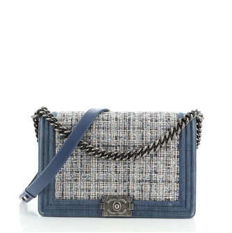 Chanel Boy Flap Bag Quilted Tweed With Denim New Medium