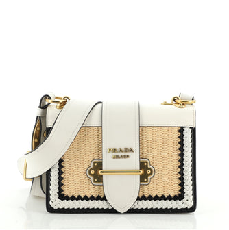 Prada Cahier Crossbody Bag Leather and Straw Small