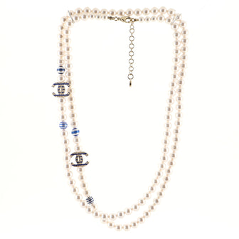 Chanel CC Double Strand Necklace Faux Printed Pearls with Metal