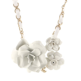 Chanel Triple Camellia Pendant Chain Necklace Plated Metal with Grosgrain and Metal